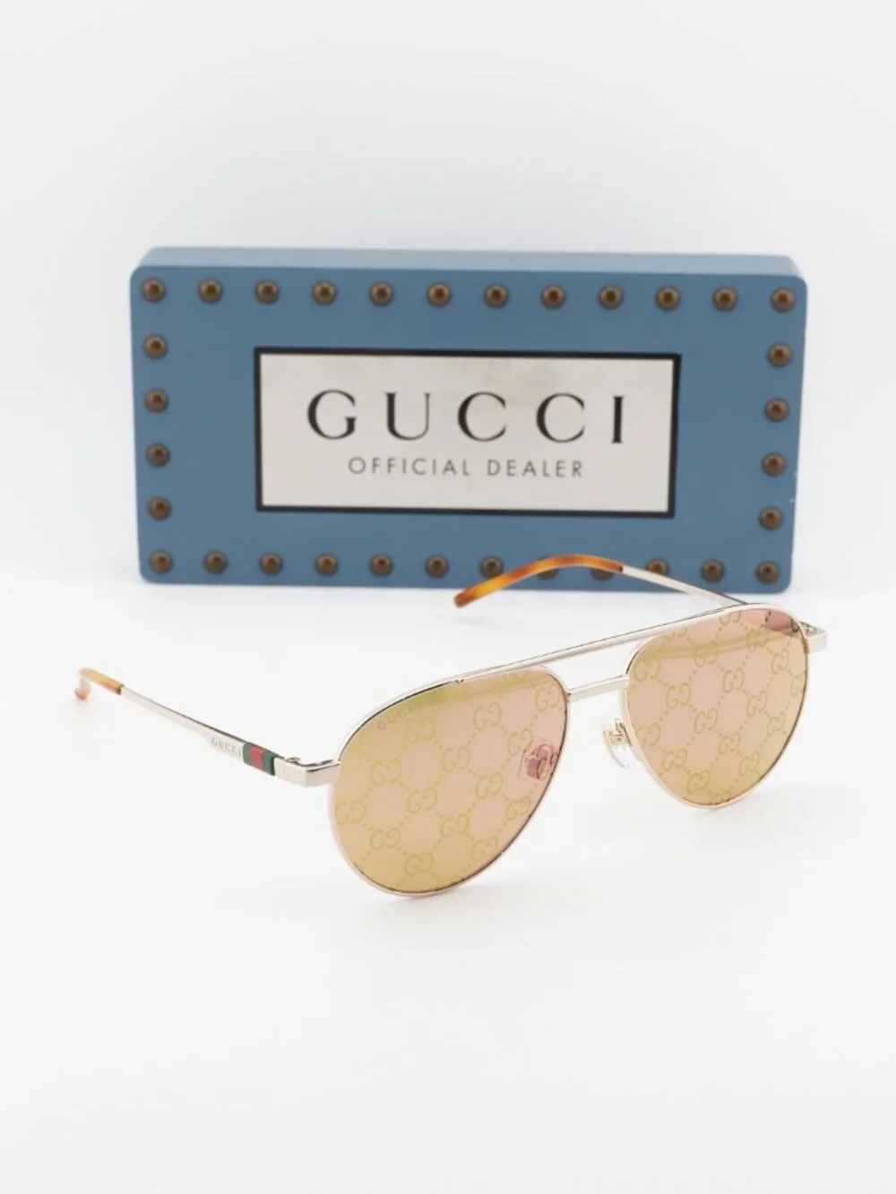 Gucci GG1679S 002 Aviator Sunglasses - Shiny Gold\Yellow with GG Logo Pattern